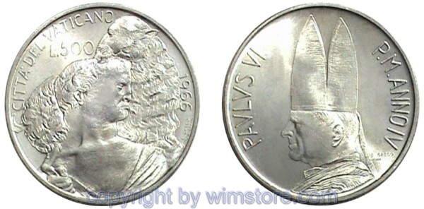 Vatikan, 500 Lire 1966, Papst Paul VI., KM 91, Silber