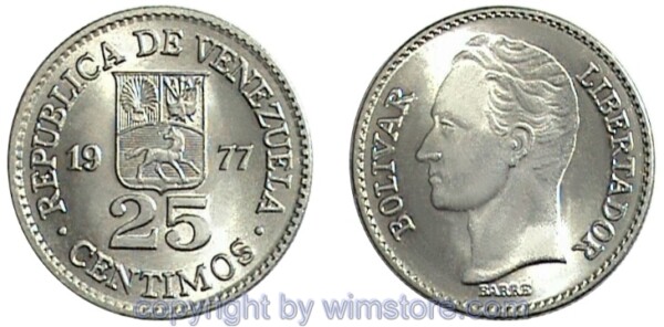 Venezuela, 25 Centimos 1977, 1978, Y 50, Nickel
