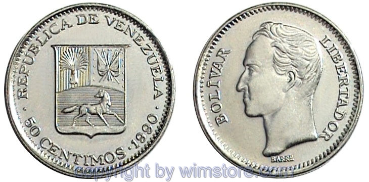 Venezuela, 50 Centimos 1988 - 1990, Y 41a, Nickel