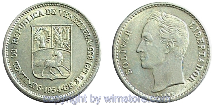 Venezuela, 50 Centimos 1954, Y 36, Silber