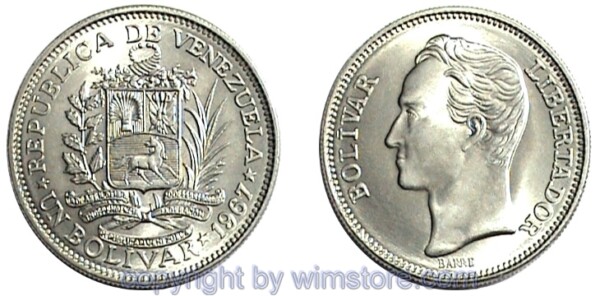 Venezuela, 1 Bolivar 1967, Y 42, Nickel