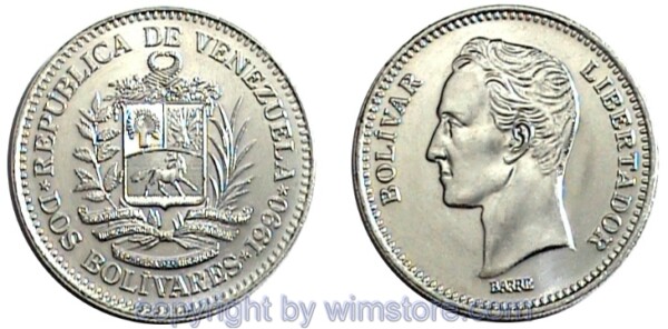 Venezuela, 2 Bolivares 1989 - 1990, Y 43a, Eisen vernickelt