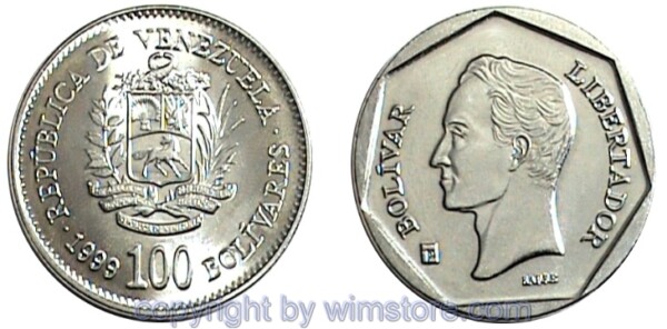 Venezuela, 100 Bolivares 1999, Y 78.1, Stahl vernickelt