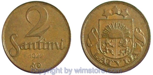 Lettland, 2 Santimi 1922 - 1932, KM 2, Bronze