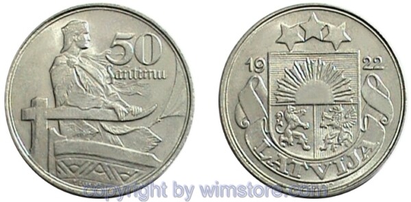 Lettland, 50 Santimu 1922, KM 6, Nickel