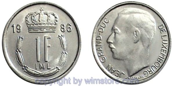 Luxemburg, 1 Franc 1986 - 1987, KM 59, Ku/Ni