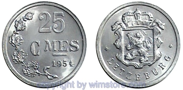 Luxemburg, 25 Centimes 1954 - 1972, KM 45a.1, Aluminium