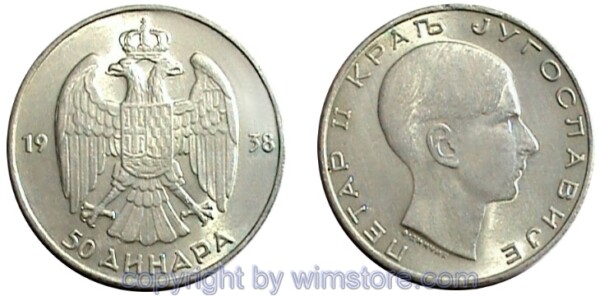 Jugoslawien, 50 Dinara 1938, KM 24, Silber