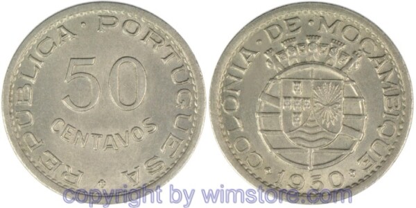 Mosambik, 50 Centavos 1950 - 1951, KM 76, Ni/Bro