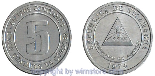 Nicaragua, 5 Centavos 1974, FAO, KM 28, Aluminium
