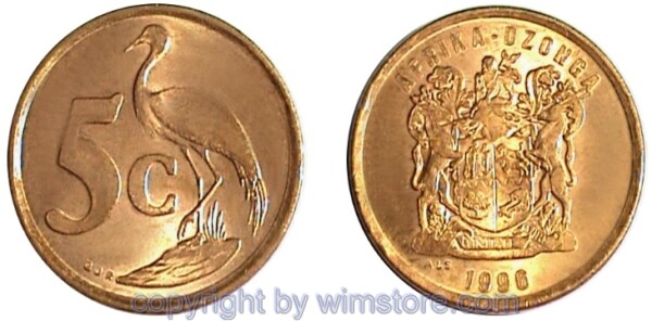 Südafrika, 5 Cents 1996 - 2000, KM 160,  Stahl verkupfert