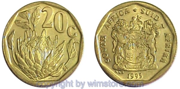 Südafrika, 20 Cents 1990 - 1995, KM 136, Stahl-Messing galvanisiert