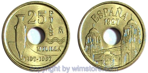 Spanien, 25 Pesetas 1997, Melilla, KM 983, Messing