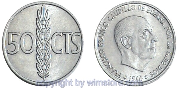 Spanien, 50 Centimos 1966, KM 795, Aluminium
