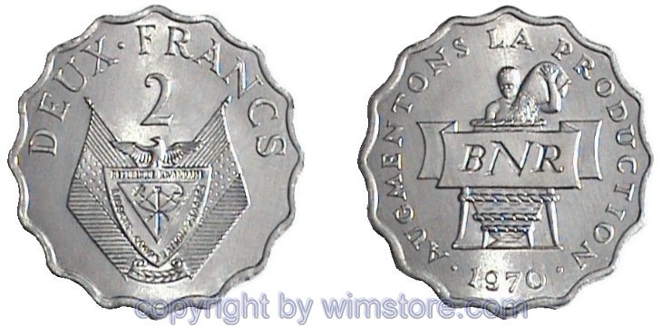 Rwanda, 2 Francs 1970, FAO, KM 10, Aluminium