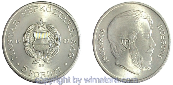Ungarn, 5 Forint 1967 - 1968, Lajos Kossuth, KM 576, Ku/Ni