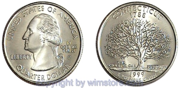 USA, 1/4 Dollar (Quarter) 1999, Connecticut, KM 297, Ku-Ku/Ni plattiert