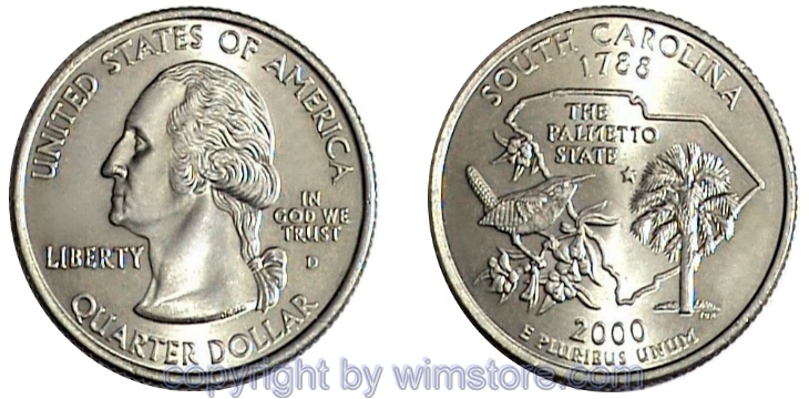 USA, 1/4 Dollar (Quarter) 2000, South Carolina, KM 307, Ku-Ku/Ni plattiert