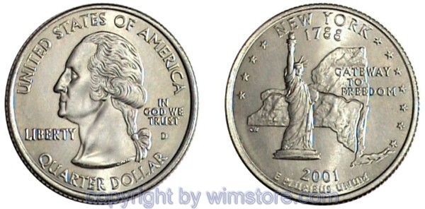 USA, 1/4 Dollar (Quarter) 2001, New York, KM 318, Ku-Ku/Ni plattiert