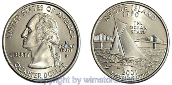 USA, 1/4 Dollar (Quarter) 2001, Rhode Island, KM 320, Ku-Ku/Ni plattiert