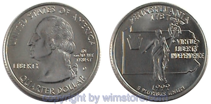 USA, 1/4 Dollar (Quarter) 1999, Pennsylvania, KM 294, Ku-Ku/Ni plattiert