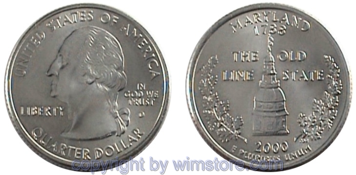 USA, 1/4 Dollar (Quarter) 2000, Maryland, KM 306, Ku-Ku/Ni plattiert