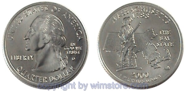 USA, 1/4 Dollar (Quarter) 2000, Massachusetts, KM 305, Ku-Ku/Ni plattiert