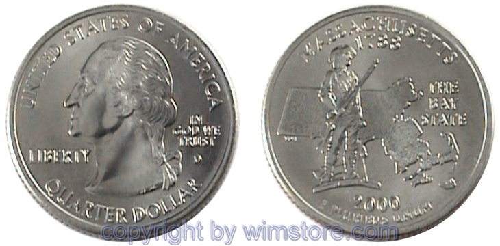 USA, 1/4 Dollar (Quarter) 2000, Massachusetts, KM 305, Ku-Ku/Ni plattiert