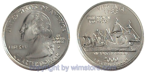USA, 1/4 Dollar (Quarter) 2000, Virginia, KM 309, Ku-Ku/Ni plattiert