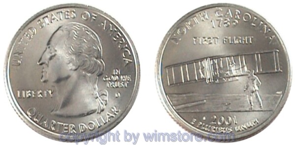 USA, 1/4 Dollar (Quarter) 2001, North Carolina, KM 319, Ku-Ku/Ni plattiert
