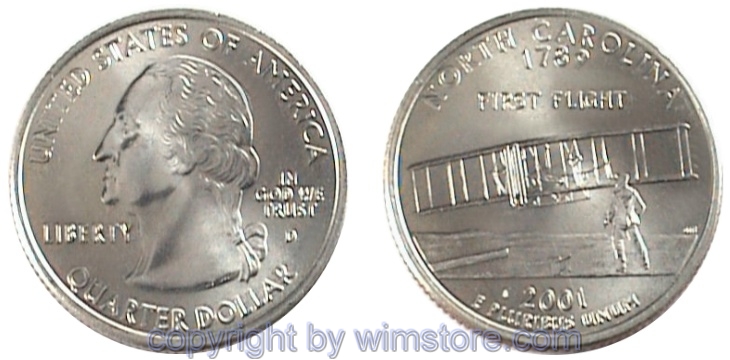 USA, 1/4 Dollar (Quarter) 2001, North Carolina, KM 319, Ku-Ku/Ni plattiert