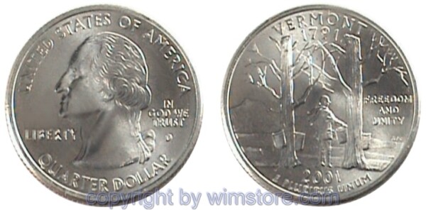 USA, 1/4 Dollar (Quarter) 2001, Vermont, KM 321, Ku-Ku/Ni plattiert