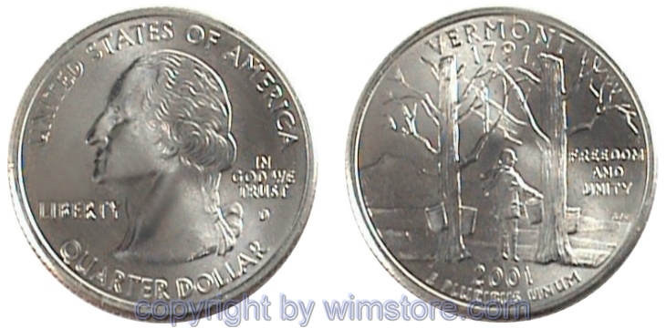 USA, 1/4 Dollar (Quarter) 2001, Vermont, KM 321, Ku-Ku/Ni plattiert