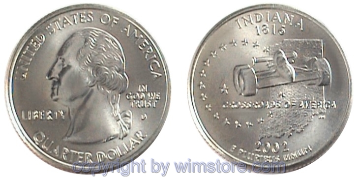 USA, 1/4 Dollar (Quarter) 2002, Indiana, KM 334, Ku-Ku/Ni plattiert