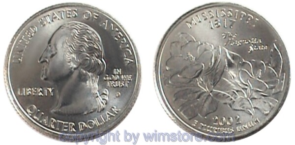 USA, 1/4 Dollar (Quarter) 2002, Mississippi, KM 335, Ku-Ku/Ni plattiert