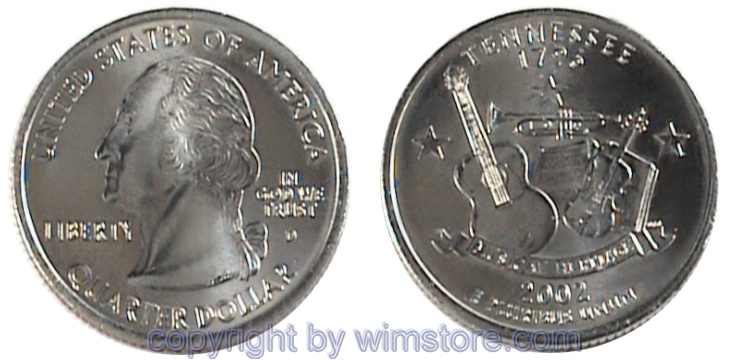 USA, 1/4 Dollar (Quarter) 2002, Tennessee, KM 331, Ku-Ku/Ni plattiert