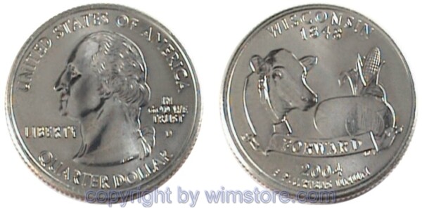 USA, 1/4 Dollar (Quarter) 2004, Wisconsin, KM 359, Ku-Ku/Ni plattiert