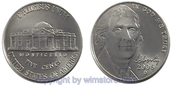 USA, 5 Cents 2006 -, Jefferson im Portrait // Monticello, KM 381, Ku/Ni