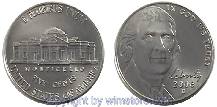 USA, 5 Cents 2006 -, Jefferson im Portrait // Monticello, KM 381, Ku/Ni
