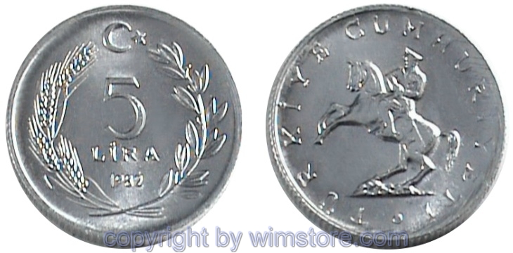Türkei, 5 Lira 1982, KM 949.1, Aluminium