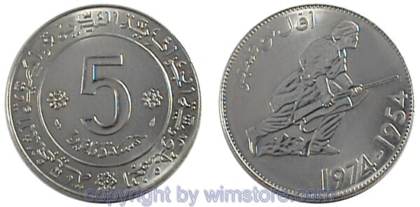 Algerien, 5 Dinars 1974, 20 Jahre Revolution, KM 108, Nickel