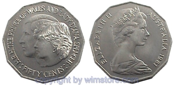 Australien, 50 Cents 1981, Diana & Charles, KM 72, Ku/Ni, -st