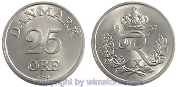 Dänemark, 25 Öre 1956 - 1960 C-S, KM 842.2, Ku/Ni