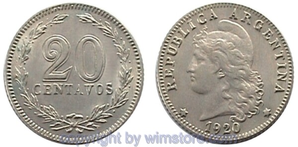 Argentinien, 20 Centavos, 1896 - 1942, KM 36, Ku/Ni