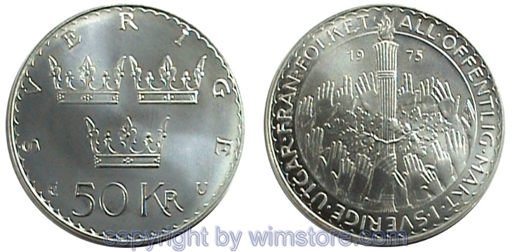 Schweden, 50 Kronor 1975, Landreform, KM 848, Silber