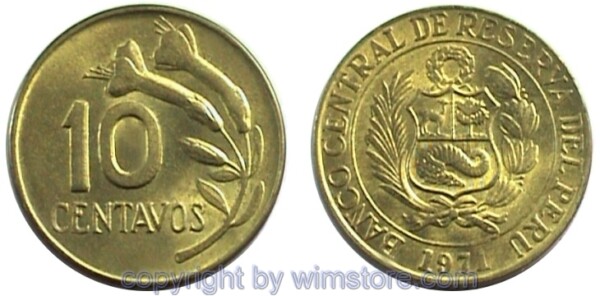 Peru, 10 Centavos 1967 - 1973, KM 245.2, Messing