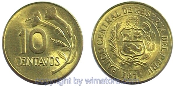 Peru, 10 Centavos 1973 - 1975, KM 245.3, Messing