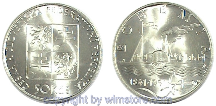 CSFR, 50 Korun 1991, Raddampfer Bohemia, KM 145, Silber