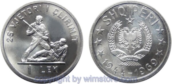 Albanien, 1 Lek 1969, 25. Jahrestag der Befreiung, KM 48, Aluminium
