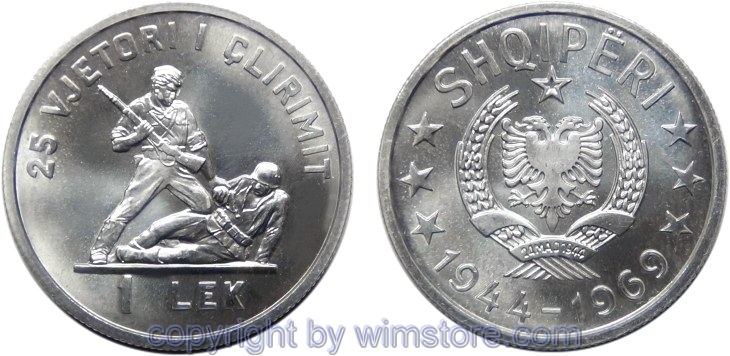 Albanien, 1 Lek 1969, 25. Jahrestag der Befreiung, KM 48, Aluminium
